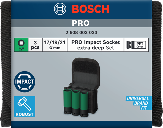 Bosch PRO Impact Socket Set ekstra dalam 3 buah dengan penutup PET.